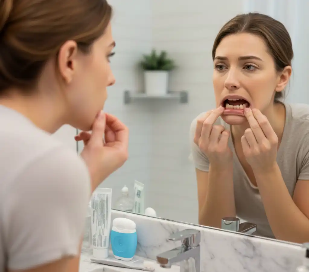 Woman inspecting gums in mirror for gingivitis